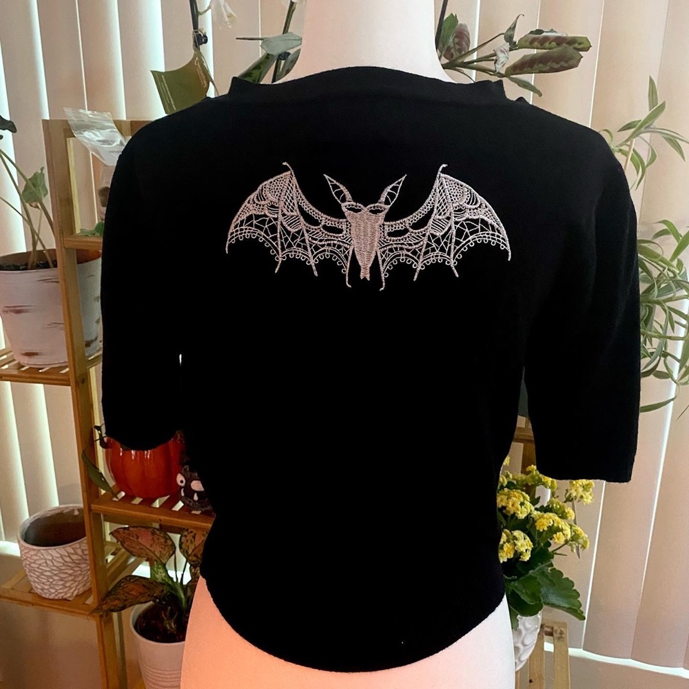 Black Crop Top with White Bat Lace Graphic